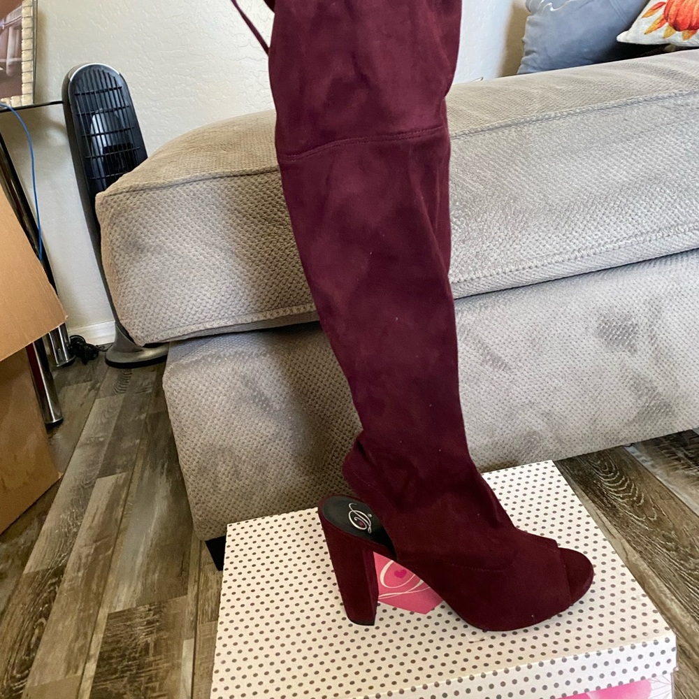Burgundy open toe boots